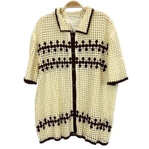 Morsecode Crochet Knit Shirt Men L Natural Brown Artsy Beach Cottagecore NWT